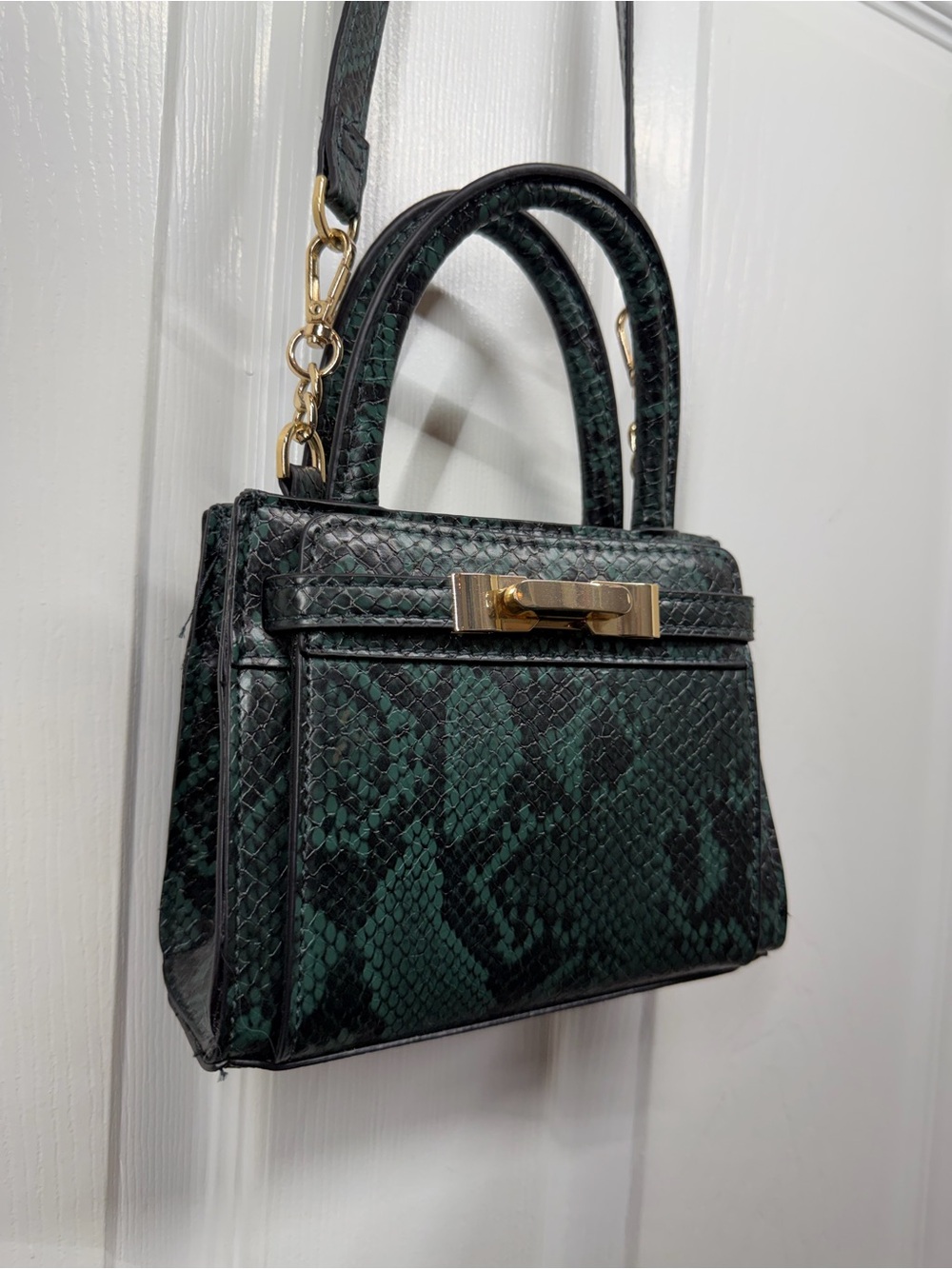 Topshop Dark Green Snake-Print Snakeskin Mini Satchel with Gold Hardware